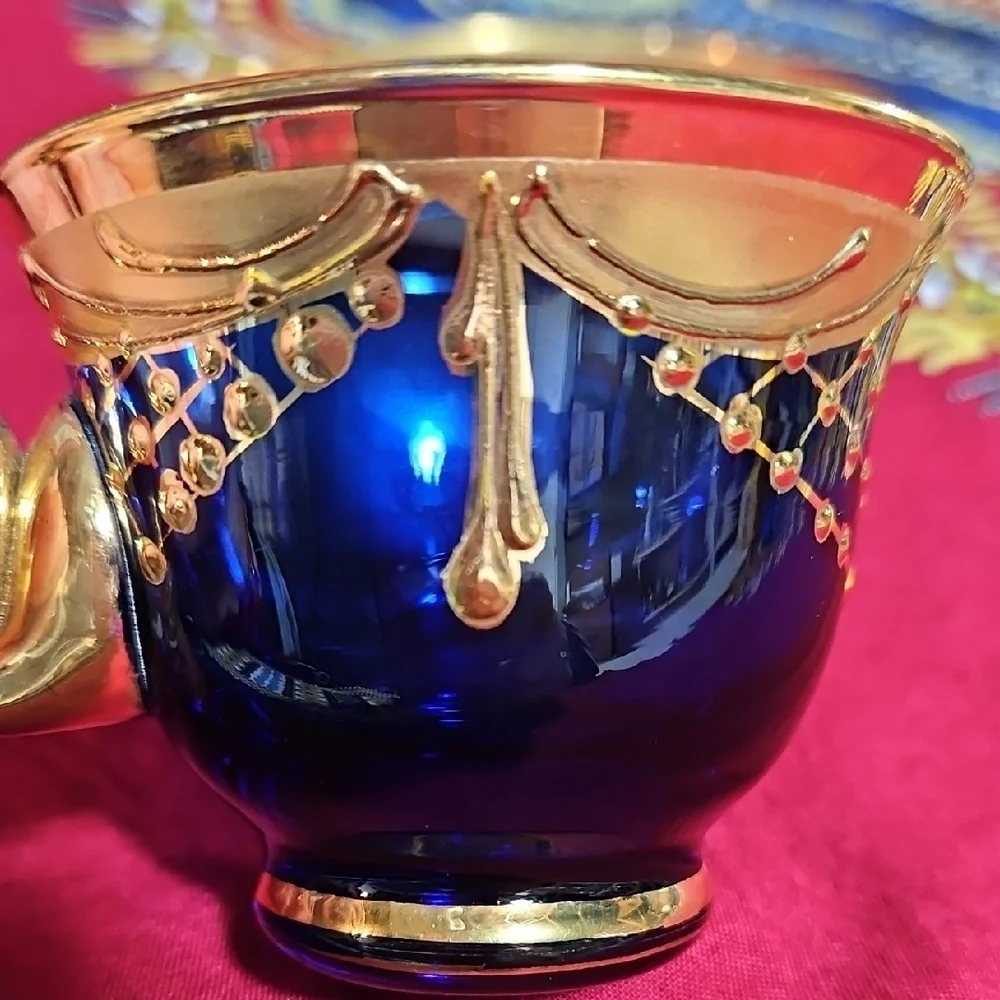 Vintage Venetian Art Glass High Enamel Cobalt Blue Gold Tea Cup Saucer Set of 2